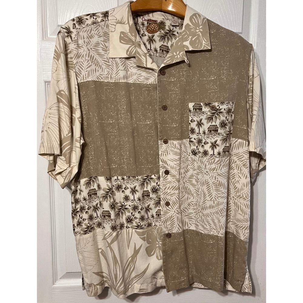 Caribbean Mens XL Silk Cotton Patchwork Tropical Hawaiian Camp‎ Shirt Tan Brown